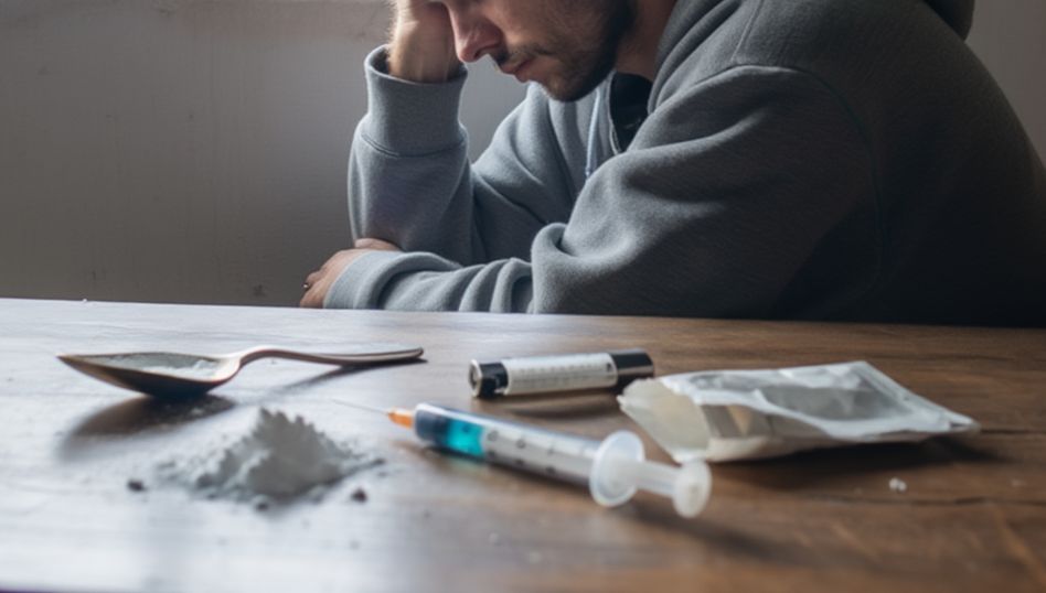 Молодой парень сидит за столом на котором шприц, ложка и порошок